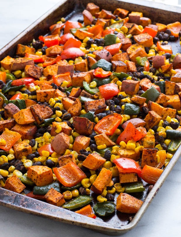 One Pan Mexican Sweet Potato Bake- a healthy meal with virtually zero clean-up! Ready in just 30 minutes! #glutenfree #grainfree #vegan #vegetarian #cleaneating