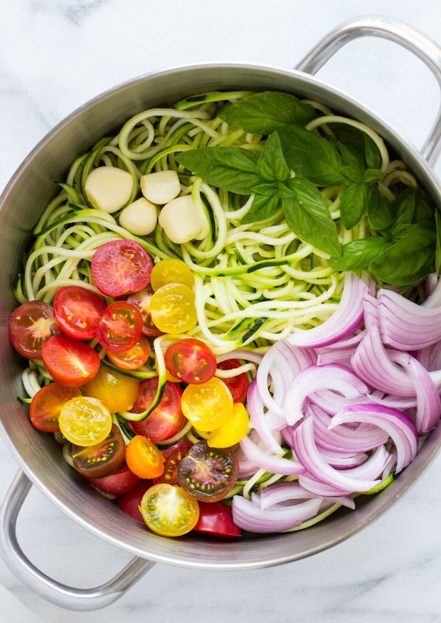 One Pot Zucchini Pasta- an easy, light and healthy meal made from summer's finest produce. Grain-free, gluten-free and it comes together in less than 20 minutes! 