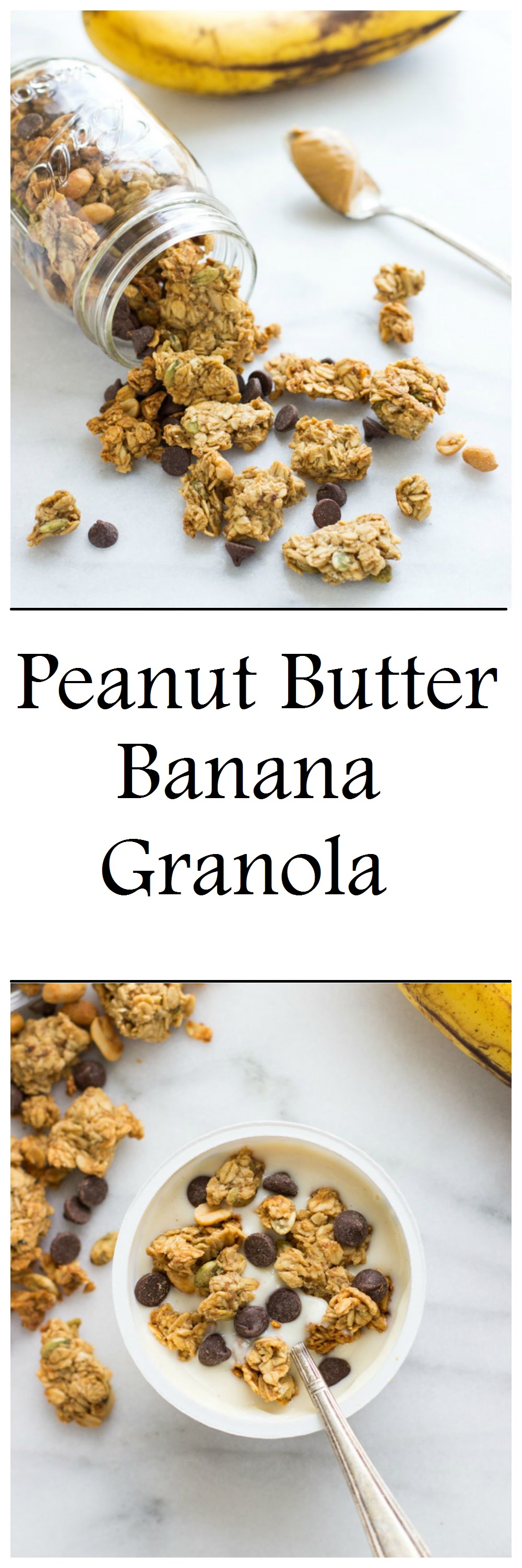 Peanut Butter, Banana & Chocolate Chip Granola- made in one bowl and it’s vegan, gluten-free, oil-free and refined sugar-free!