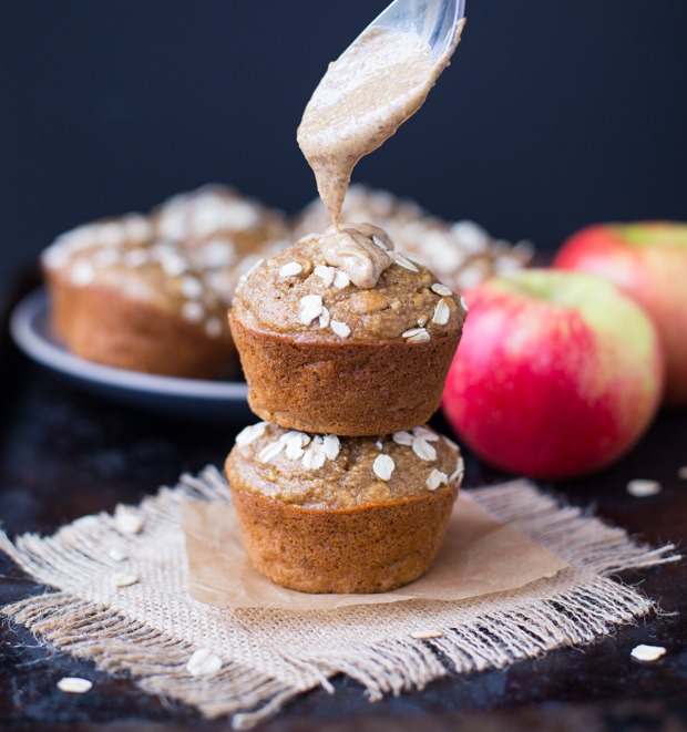 Healthy Apple Almond Butter Muffins- made with whole grain oats, applesauce, fresh apples and almond butter. Only 168 calories per muffin! (gluten-free & dairy-free)