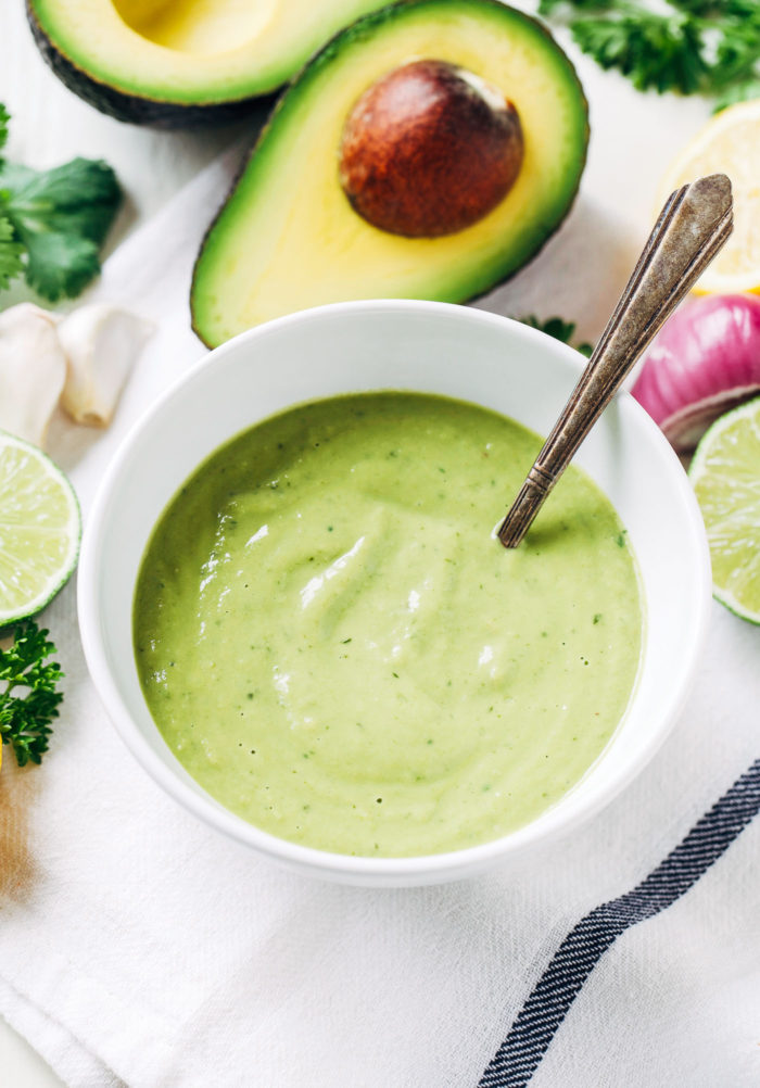 Avocado Chimichurri Sauce- fresh herbs, garlic, and vinegar blended with creamy avocado for a decadent sauce that you will want to put on EVERYTHING! 