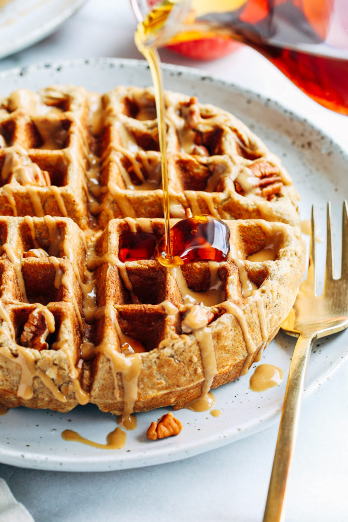 Apple Cinnamon Oatmeal Waffles- whole grain waffles with perfectly crisp edges. Made with rolled oats and shredded apple. (gluten-free and dairy-free)