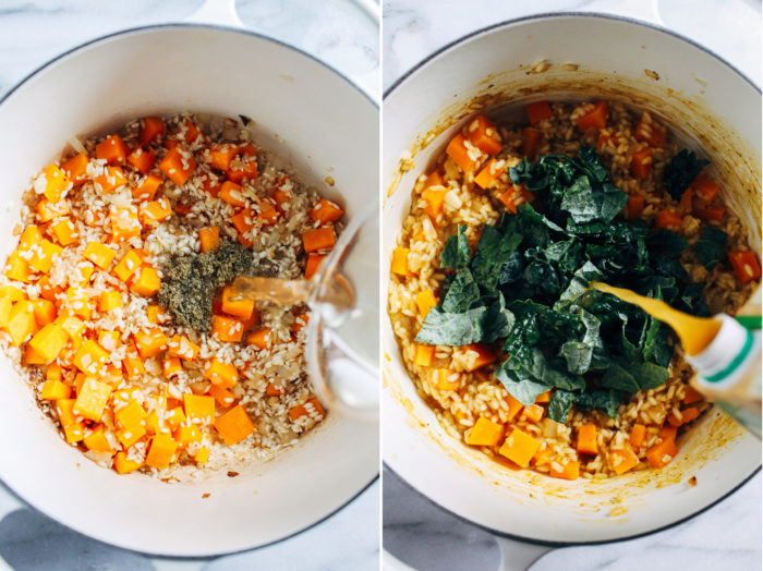 Butternut Squash and Kale Risotto- naturally gluten-free and full of flavor, this creamy risotto is the perfect meal for a date night in! (vegan)