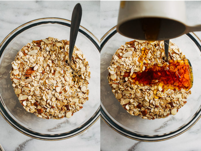 Honey Chia Almond Granola- Made with just 8 pantry ingredients, this nutritious granola comes together quick and easy! Perfect for breakfast or a healthy snack.