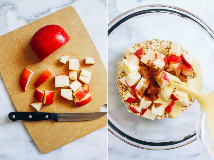 Baked Apple Cinnamon Oatmeal- Less than 10 ingredients + 10 minutes is all you need to prep this healthy baked oatmeal! (vegan + gluten-free options)