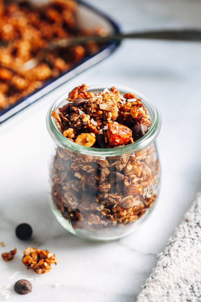 Dark Chocolate, Almond and Coconut Granola- inspired by Almond Joy candy bars, this granola is a much more nutritious way to get your candy fix! (plant-based + gluten-free)