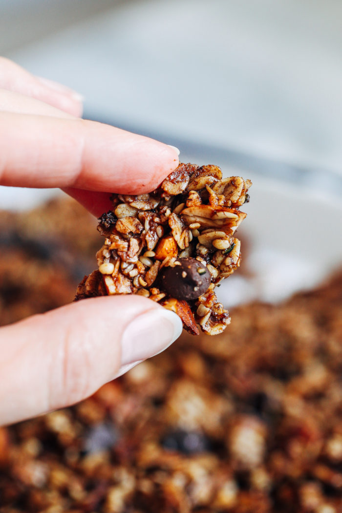 Dark Chocolate, Almond and Coconut Granola- inspired by Almond Joy candy bars, this granola is a much more nutritious way to get your candy fix! (plant-based + gluten-free)
