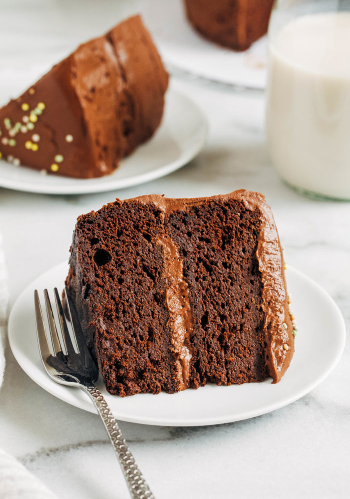 Best-Ever Chocolate Quinoa Cake- super moist with the most incredible texture, this decadent chocolate cake is made easy in a blender. No one would ever guess it's made from cooked quinoa. It's seriously the best! (gluten-free and dairy-free)