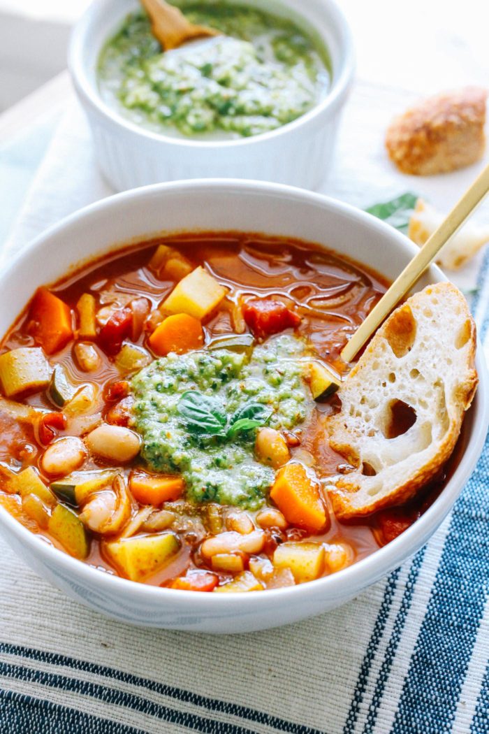 Soup au Pistou- a hearty French-inspired vegetable soup topped with a delicious dairy-free pesto. Just one pot and 30 minutes! (vegan with gluten-free option)