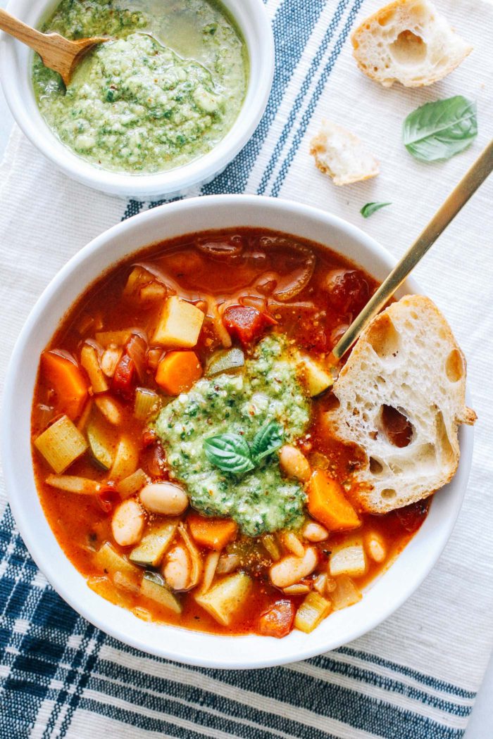 Soup au Pistou- a hearty French-inspired vegetable soup topped with a delicious dairy-free pesto. Just one pot and 30 minutes to make! (vegan with gluten-free option)