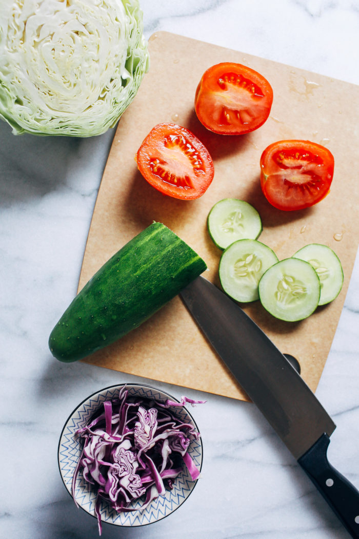 Cucumber Tomato Coleslaw- tangy and refreshing, this mayo-free coleslaw is the perfect summer side. Just 8 ingredients to make! (plant-based, gluten-free)