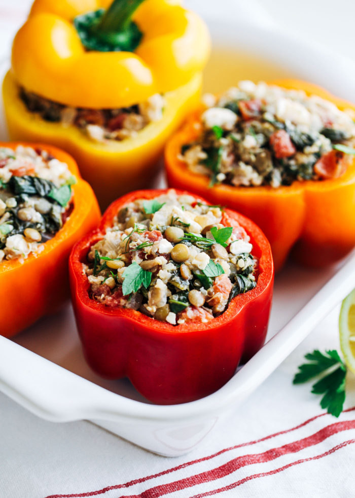 Mediterranean Quinoa Stuffed Peppers- fresh dill, lemon and feta put a healthy and flavorful Mediterranean twist on stuffed peppers. Each one has 10 grams of protein! (vegetarian) | Making Thyme for Health