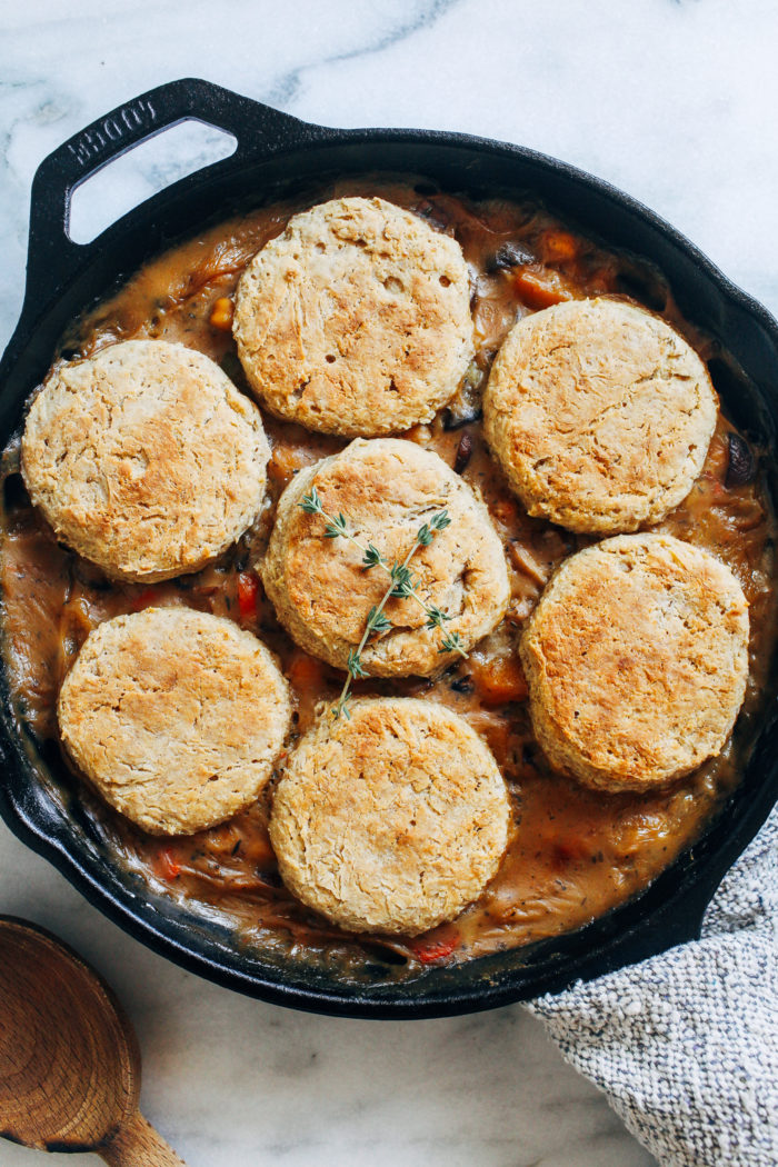 Vegan Chickpea Pot Pie- made in one skillet with hearty winter vegetables, this plant-based pot pie is the perfect cozy meal on a cold winter day!