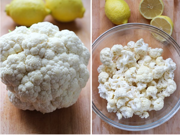 Garlic Lemon Roasted Cauliflower- only 5 minutes to prepare, this is the perfect easy side item to go with dinner! | www.makingthymeforhealth.com #lowcarb #cleaneating