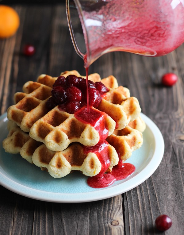 Orange Almond Waffles with Cranberry Syrup | #glutenfree #wholegrain #cleaneating 