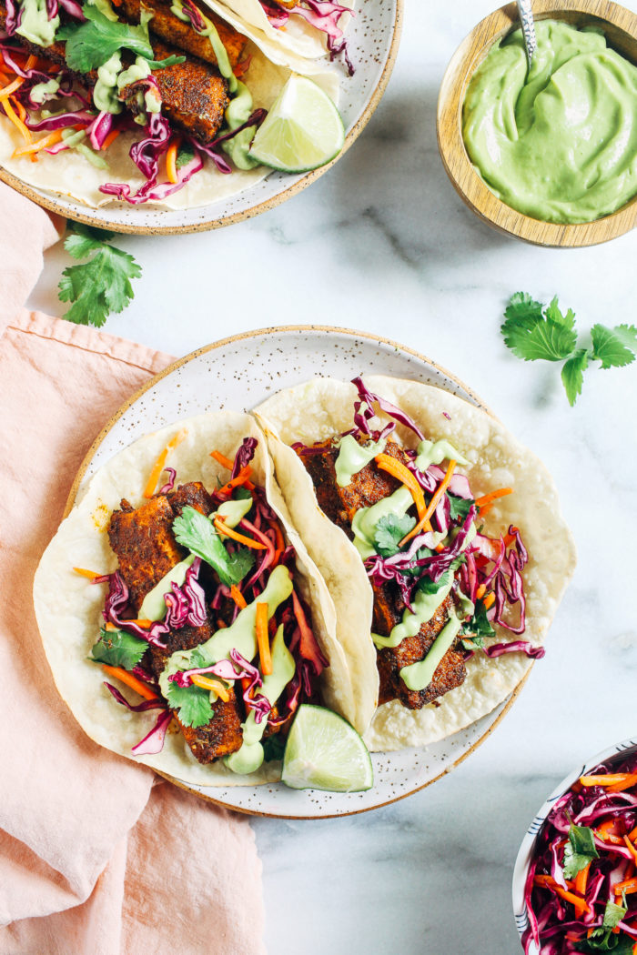 Crispy Blackened Tofu Tacos with Avocado Crema- a vegan version of blackened fish tacos, these are packed full of delicious flavor and texture!