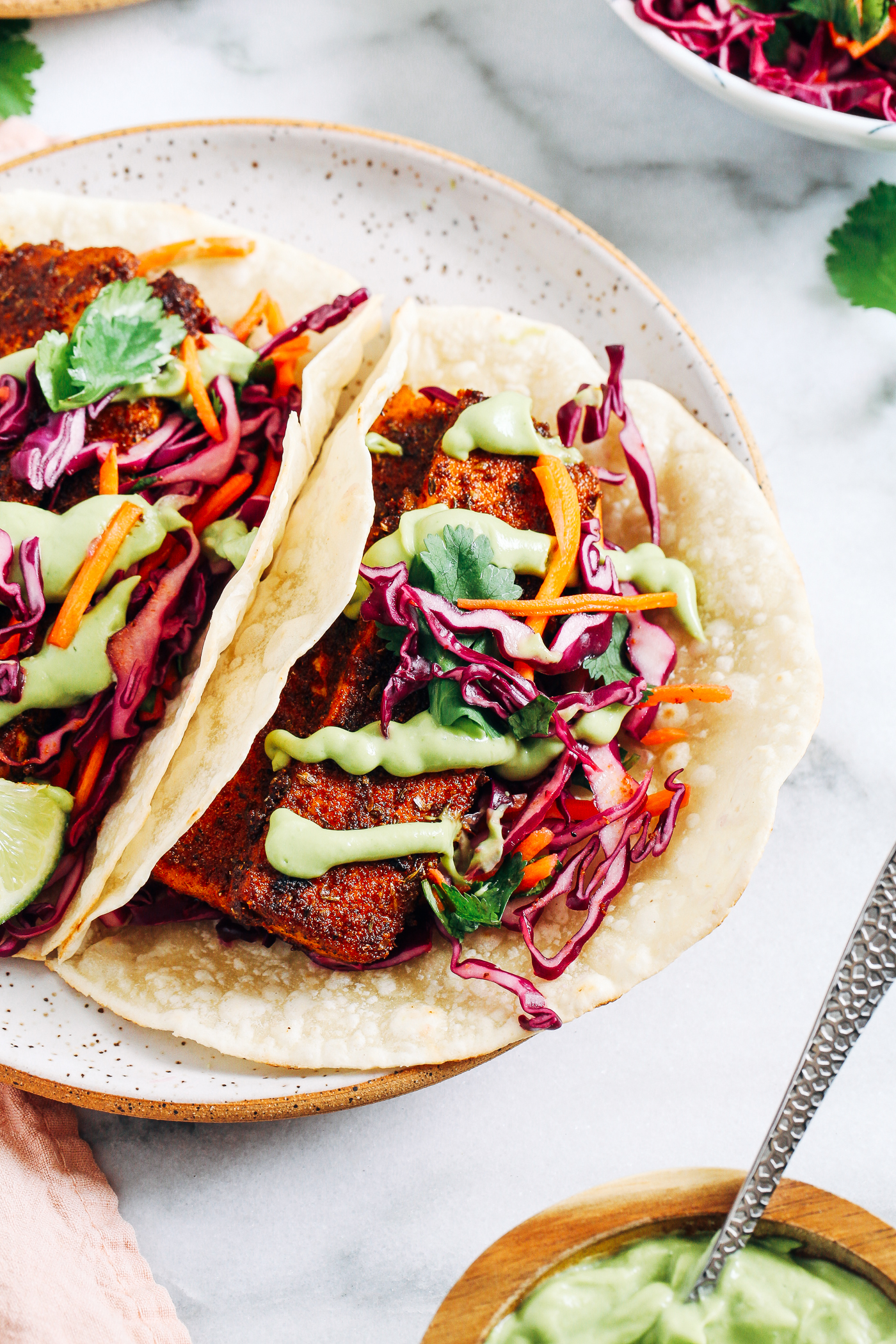 Crispy Blackened Tofu Tacos with Avocado Crema