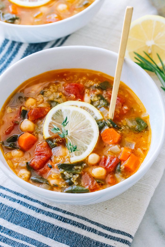 Quinoa Chickpea and Spinach Soup- a hearty vegetable soup that’s packed full of plant protein! (vegan + gluten-free)