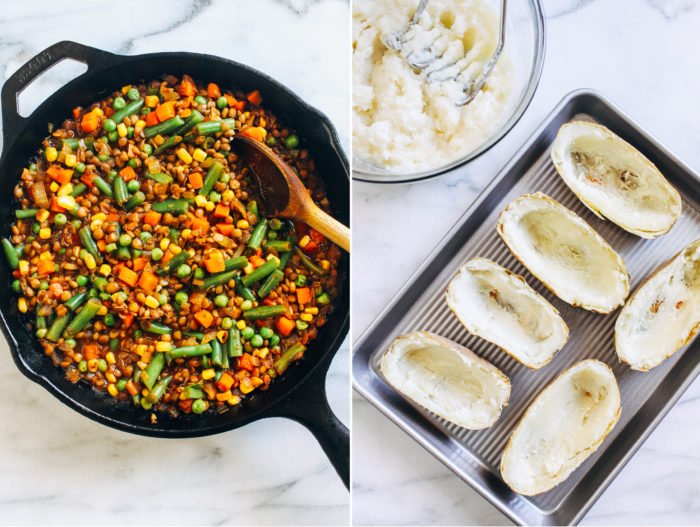 Twice Baked Lentil Shepherd's Pie Potatoes- a fun plant-based take on the Irish classic, these potatoes are stuffed with wholesome lentils and veggies for an easy and delicious meal! (gluten-free)