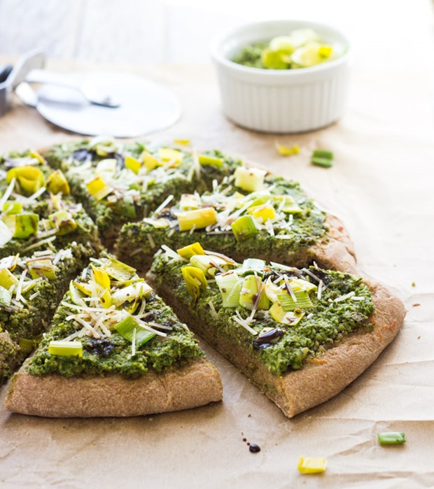 Mustard Green and Pea Pesto Pizza | makingthymeforhealth.com