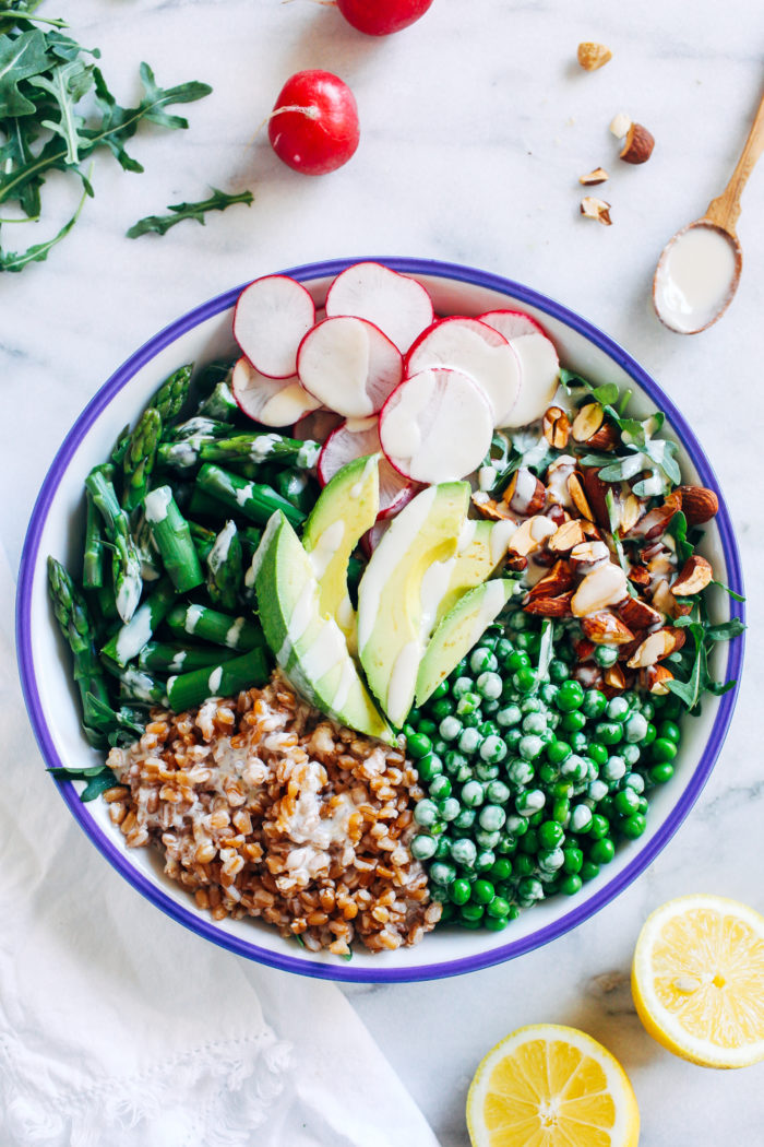 Spring Farro Bowls with Lemon Tahini Dressing from Making Thyme for Health