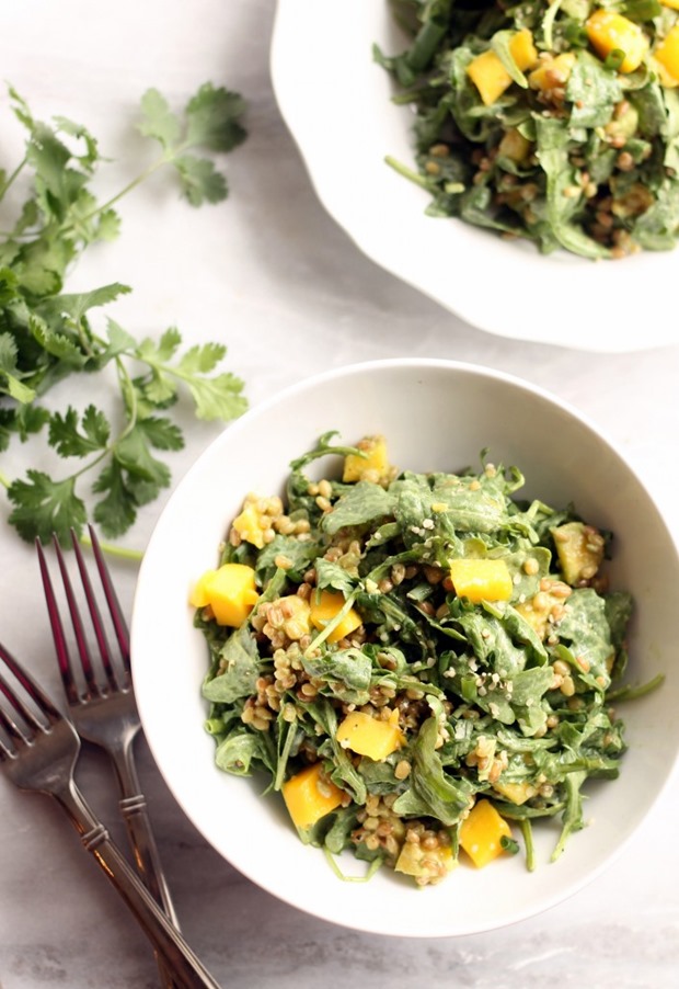Mango, Wheat Berry and Arugula Salad with Cilantro Lime Dressing from Hummusapien