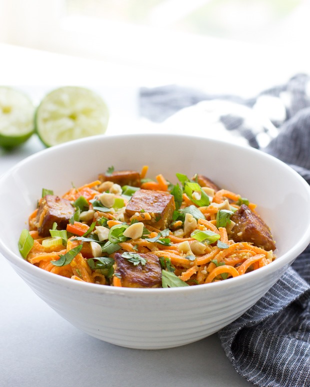 Thai Sweet Potato Noodles with Peanut Sauce and Crispy Tofu |a healthy low-carb meal that's packed with flavor! grain-free, gluten-free and vegan