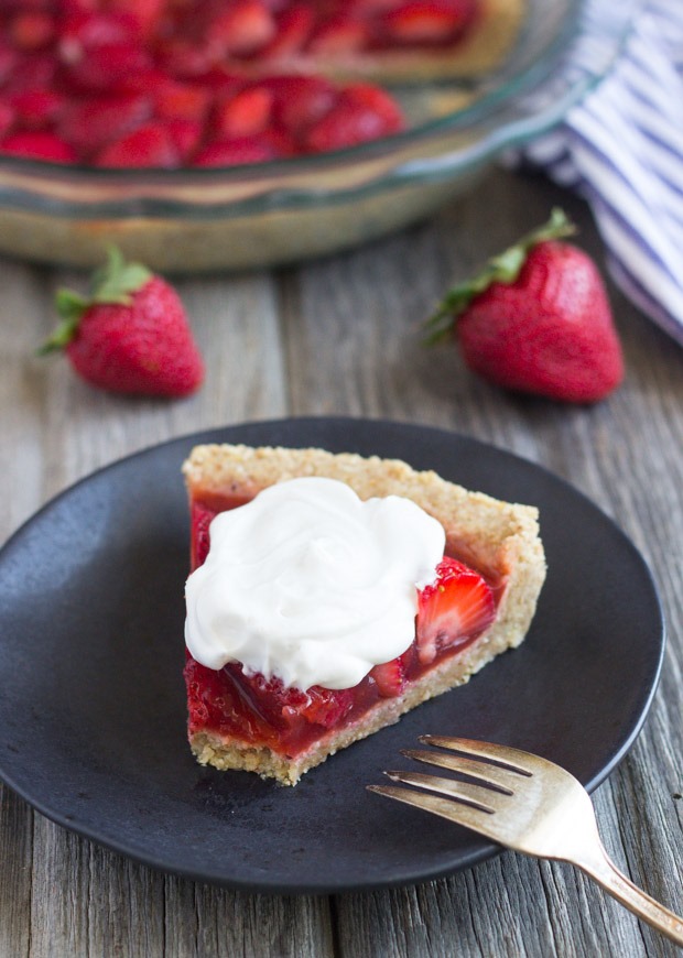 No-Bake Strawberry Pie in a Toasted Almond Crust. A deliciously light dessert that's perfect for summer! Vegan and gluten-free.