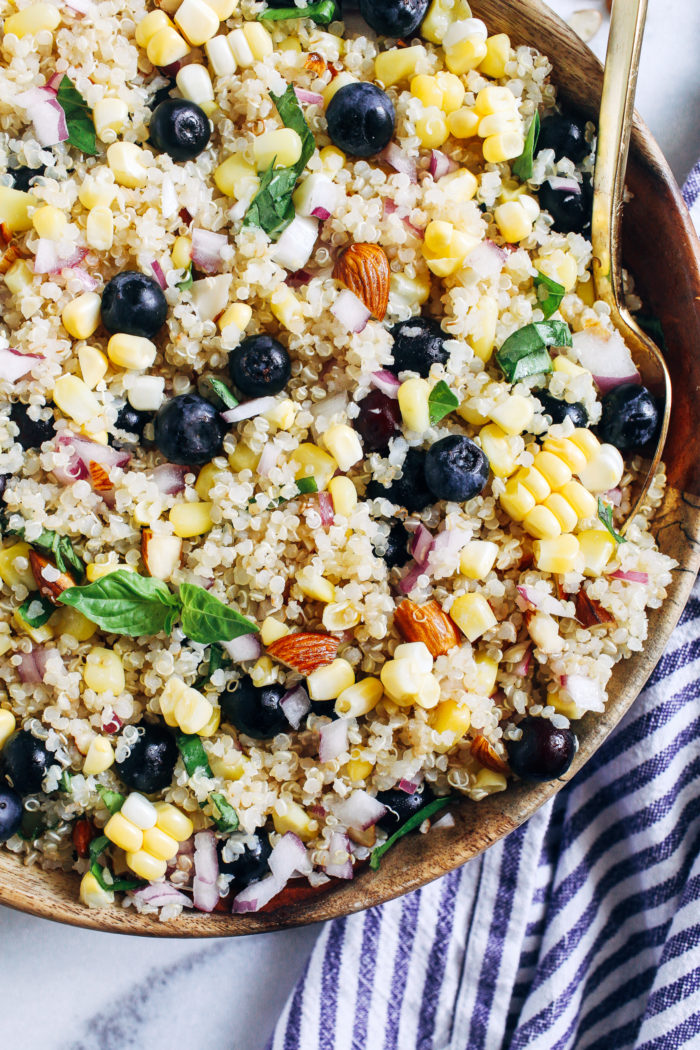 Blueberry, Corn & Basil Quinoa Salad- bursting with flavor and satiating protein, this nutritious salad is perfect for summertime potlucks and picnics! (vegan & gluten-free)