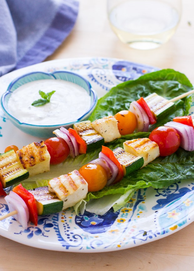 Grilled Halloumi Veggie Kebabs with Mint Yogurt Sauce- less than 30 minutes from start to finish!