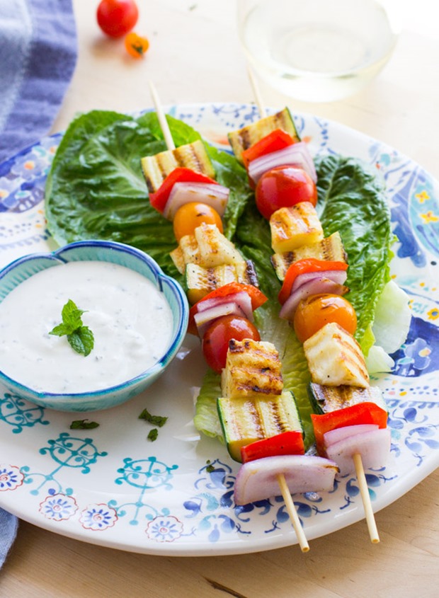 Grilled Halloumi Veggie Kebabs with Mint Yogurt Sauce- less than 30 minutes from start to finish!