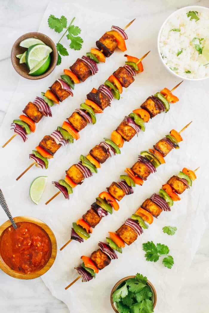 Fajita Tofu Kebabs- coated in a simple fajita-inspired marinade and served with grilled peppers and onions, tofu has never been more flavorful! (vegan + gluten-free)