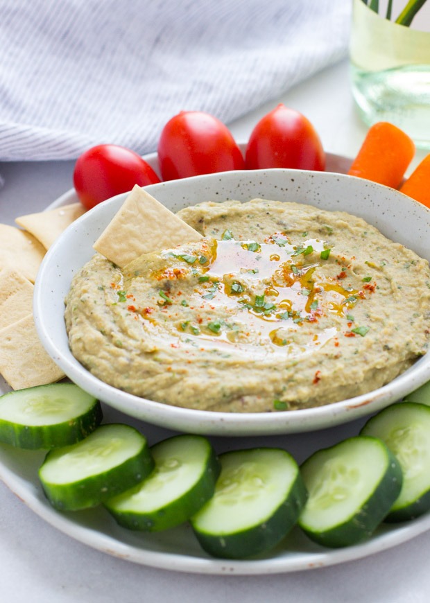 Roasted Eggplant White Bean Dip- roasted eggplant is blended with spices, lemon and fresh herbs for a dip that’s incredibly delicious and creamy! (vegan and gluten-free)
