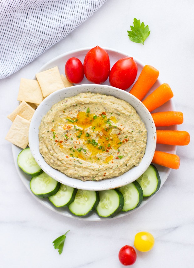 Roasted Eggplant White Bean Dip- roasted eggplant is blended with spices, lemon and fresh herbs for a dip that’s incredibly delicious and creamy! (vegan and gluten-free)