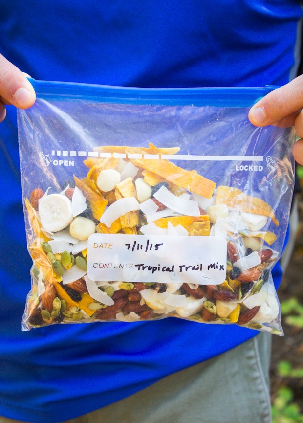 Tropical Trail Mix- made with dried mango, coconut, bananas, macadamia nuts and lightly salted almonds! #grainfree #glutenfree