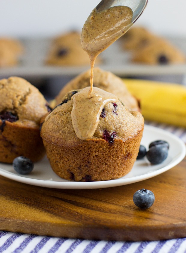 Flourless Blueberry Banana Muffins are a wholesome treat to enjoy for breakfast or a snack. They’re made easy in a blender and are gluten-free, oil-free, dairy-free and refined sugar-free! #cleaneating 