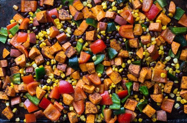 One Pan Mexican Sweet Potato Bake- a healthy meal with virtually zero clean-up! Ready in just 30 minutes! #glutenfree #grainfree #vegan #vegetarian #cleaneating