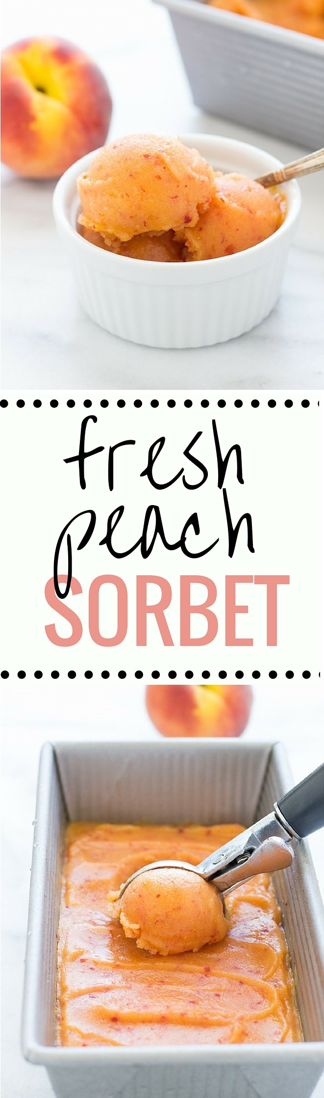 No Churn Fresh Peach Sorbet- made with just 4 simple ingredients! Dairy-free, refined sugar-free + only 100 calories per serving!