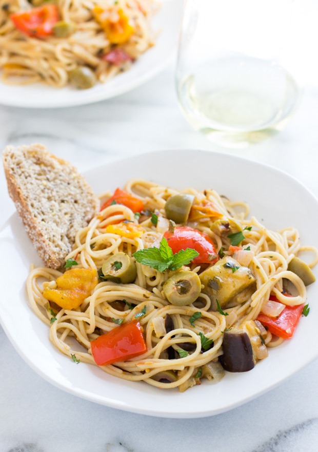 Pasta Caponata- a light Italian dish made with eggplant, tomatoes, peppers, olives and fresh herbs! #healthy #recipe