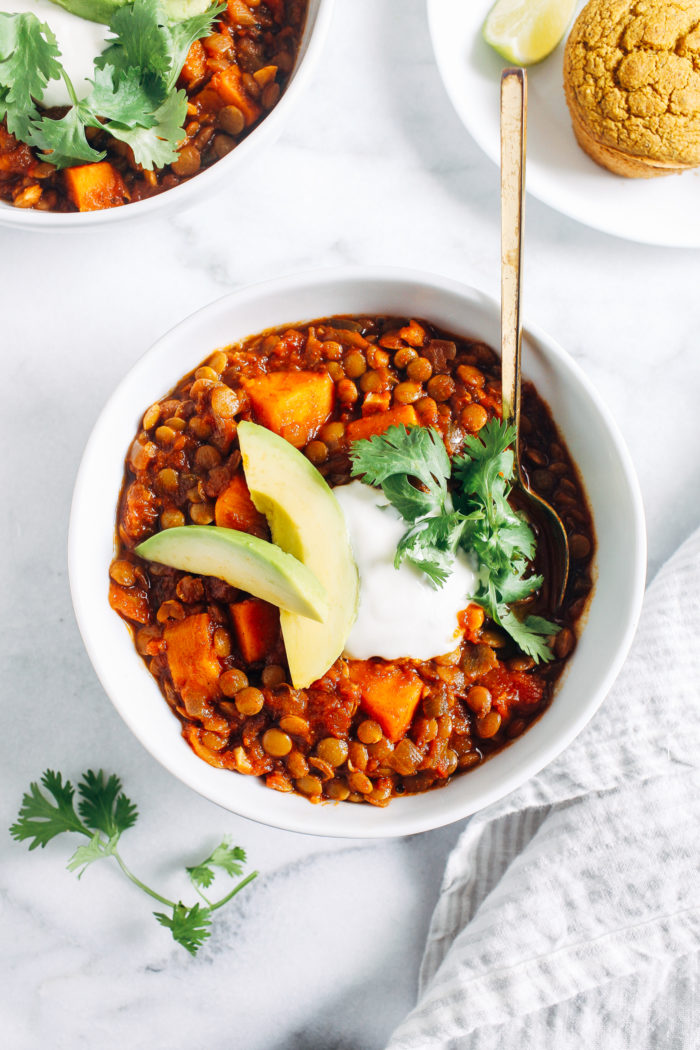 Chipotle Sweet Potato and Lentil Chili-  the rich and smoky flavor of this plant-based chili is sure to please. It comes together with minimal clean up in just one pot!