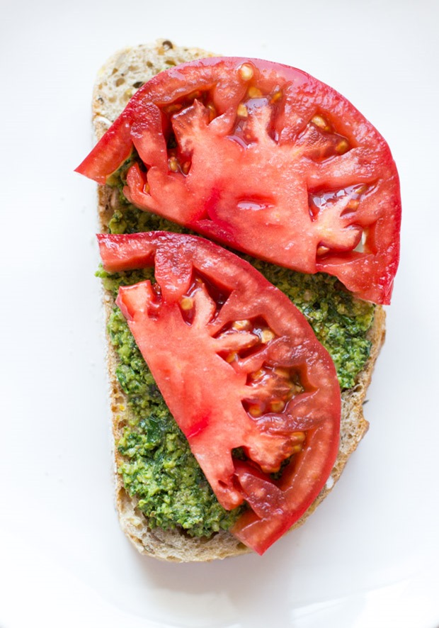 Spinach Basil Pesto & Tomato Grilled Cheese- pair with whole grain bread for a healthy and comforting meal!