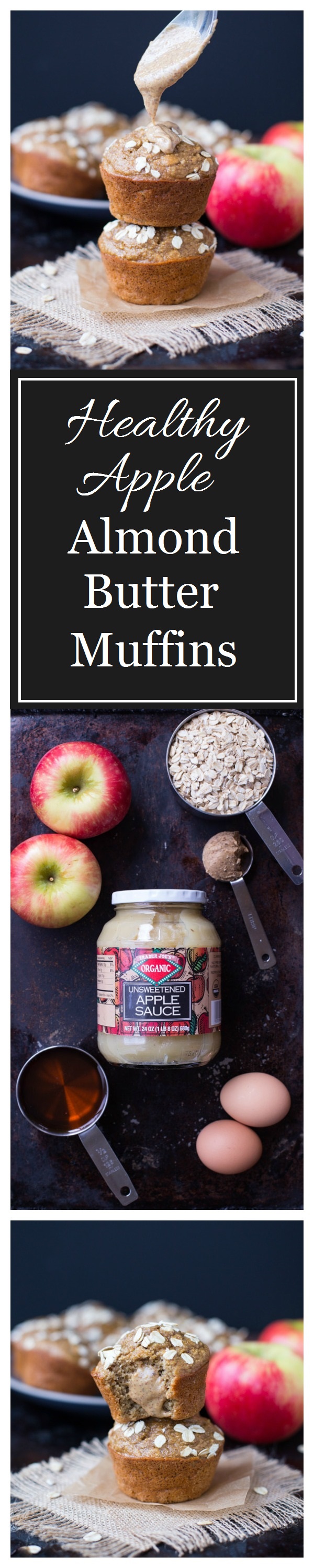 Healthy Apple Almond Butter Muffins- made with whole grain oats, applesauce, fresh apples and almond butter. Only 168 calories per muffin! #glutenfree #dairyfree