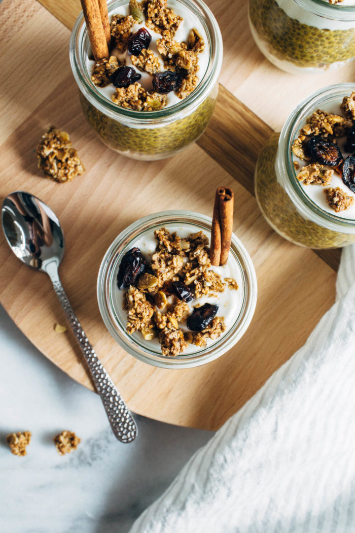 Pumpkin Chia Pudding Parfaits- made with pumpkin puree and naturally sweetened with pure maple syrup, these parfaits are layered with tons of flavor and texture. Perfect to prep for healthy breakfasts or snacks! (plant-based, gluten-free)