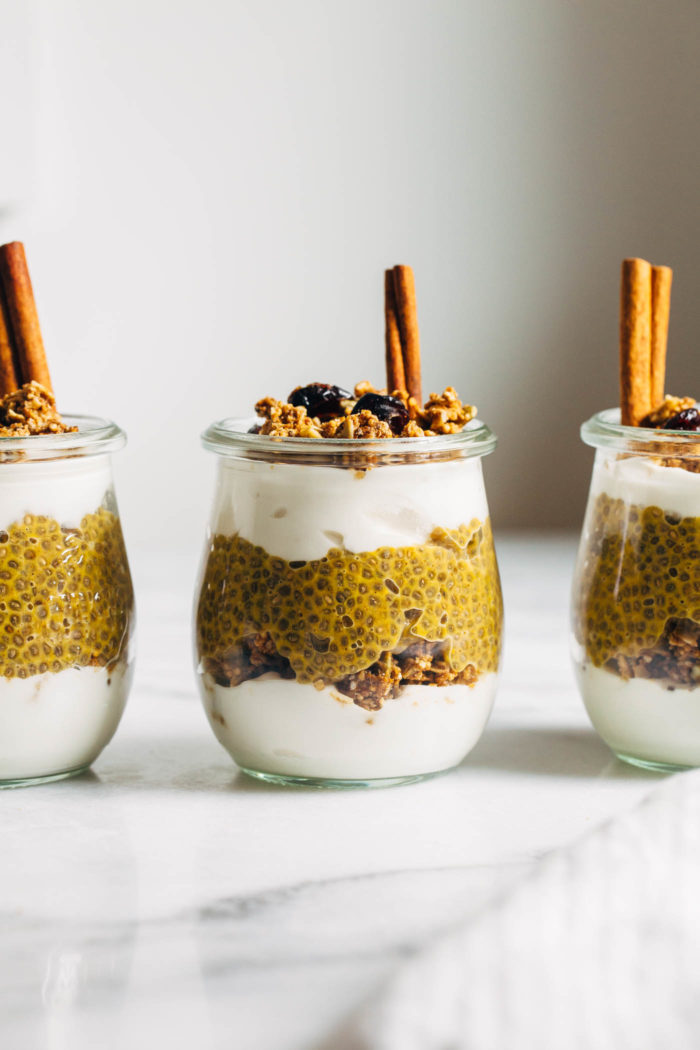 Pumpkin Chia Pudding Parfaits- made with pumpkin puree and naturally sweetened with pure maple syrup, these parfaits are layered with tons of flavor and texture. Perfect to prep for healthy breakfasts or snacks! (plant-based, gluten-free)