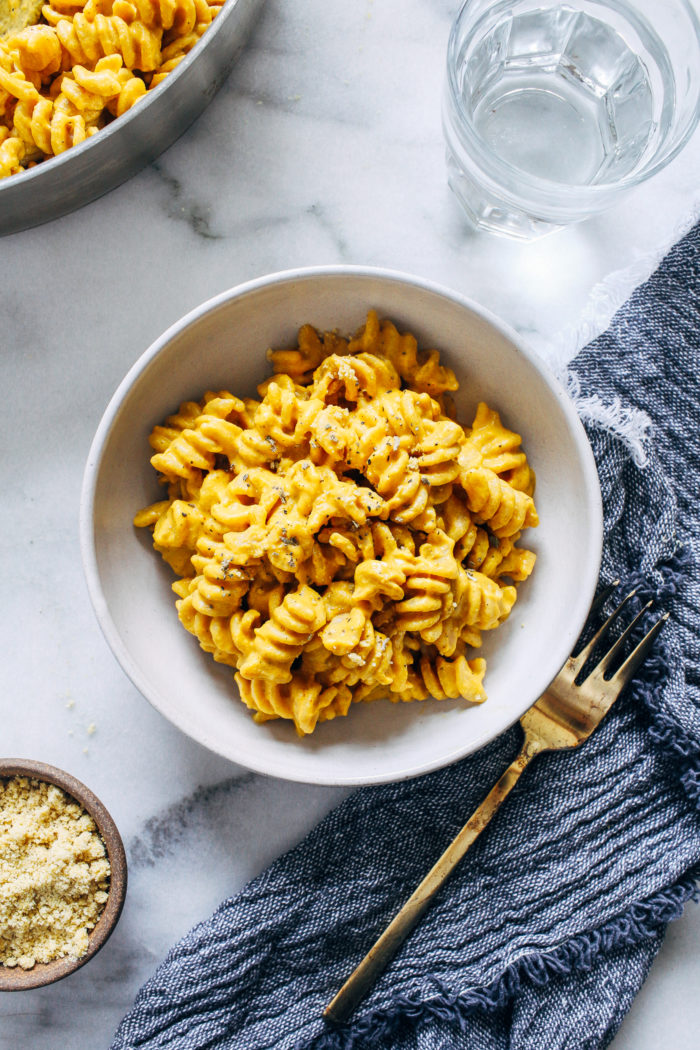 The Best Vegan Pumpkin Mac and Cheese- super comforting and perfect for fall, this recipe uses a full can of pumpkin puree! Dairy-free and easily made gluten-free.