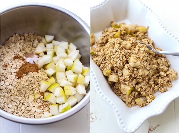 Baked Ginger Pear Oatmeal- you can prep it the night before and bake it in the morning for a warm, comforting and healthy breakfast that's vegan and gluten-free!