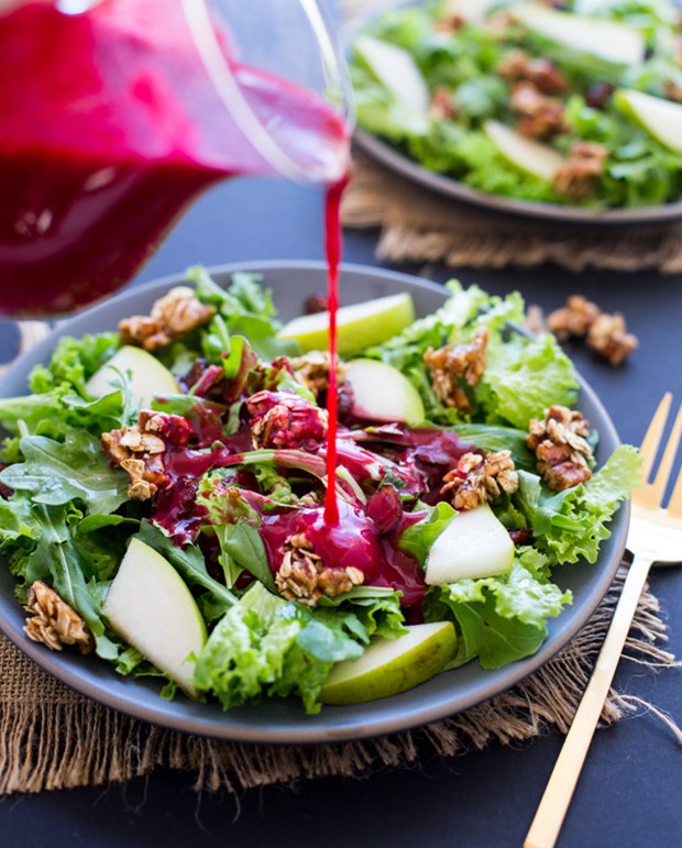 Pear and Arugula Salad with Pecan Oat Clusters and Cranberry Orange Dressing- a beautiful salad that's perfect for the holidays! (gluten-free)