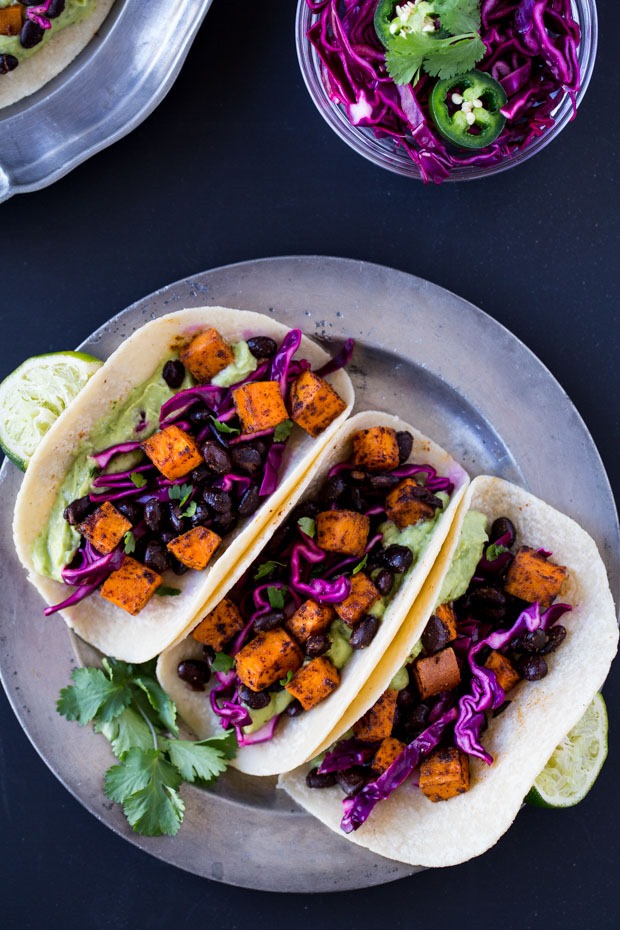 Chipotle Sweet Potato Tacos with Avocado Cream- a simple meatless meal that’s packed full of southwestern flavor. Vegan + gluten-free.
