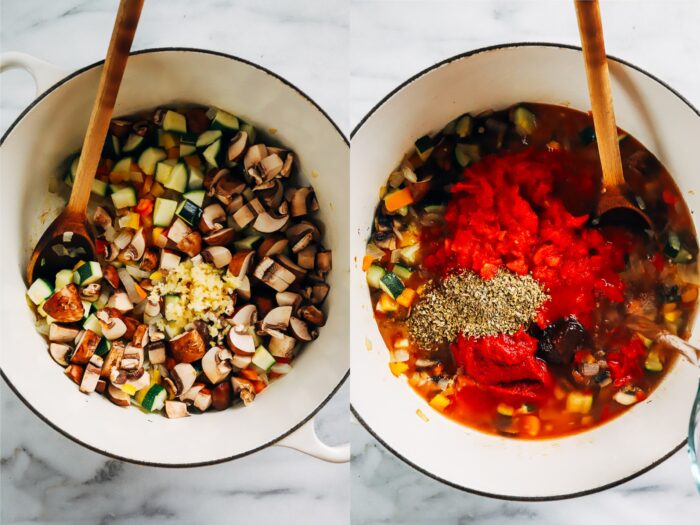 Vegetable Lasagna Soup- all of the deliciousness of a vegetable lasagna wrapped up in a warming and nourishing soup that's super easy to make. Each serving packs over 30 grams of protein! 