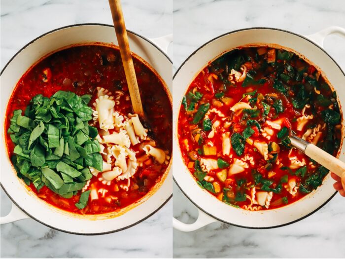 Vegetable Lasagna Soup- all of the deliciousness of a vegetable lasagna wrapped up in a warming and nourishing soup that's super easy to make. Each serving packs over 30 grams of protein! 